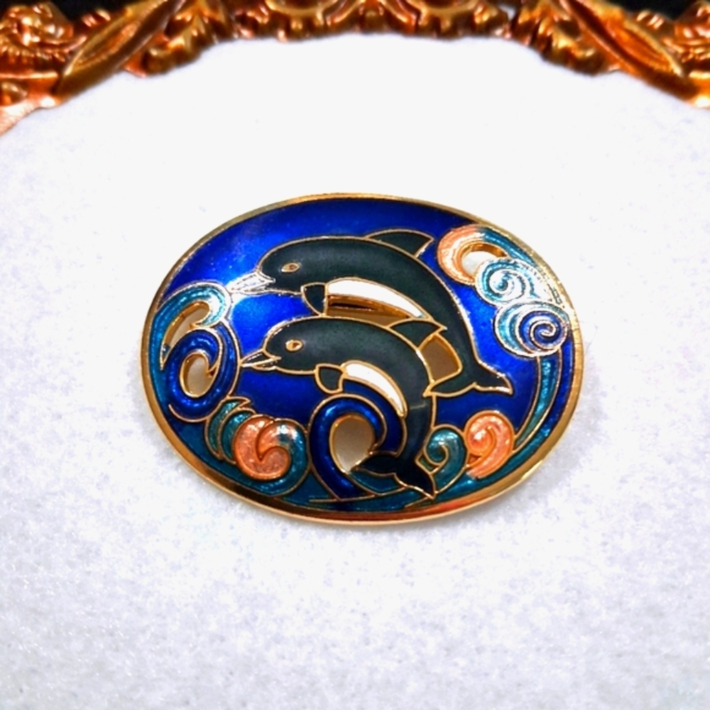 Vintage Cloisonne Dolphin Brooch Pin Ocean Waves Colorful Blue Goldtone Oval